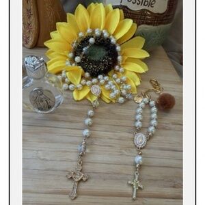 Crystal pearl style beads rosary, keychain rosary, Lourdes holy water